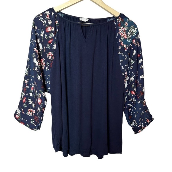 Westport Floral Print Sleeve Patchwork Mix Media Pullover Top/Blouse Size Large - Picture 5 of 9